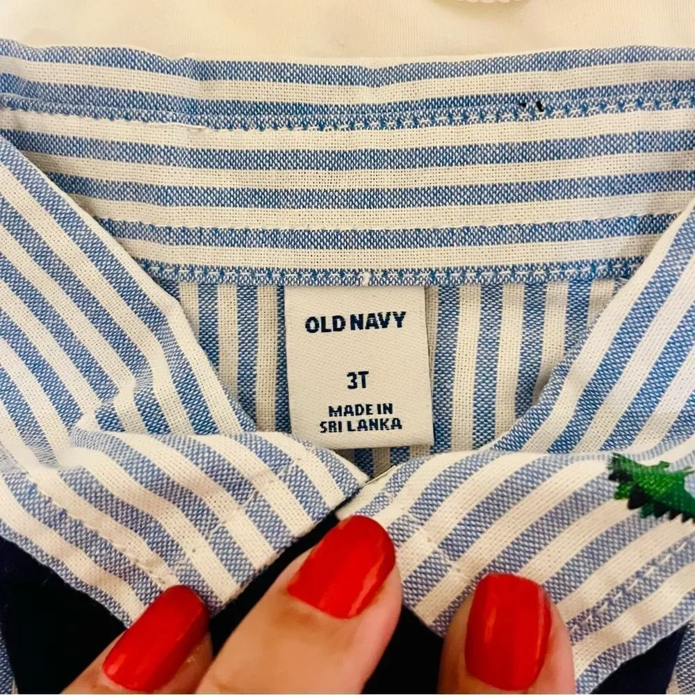 Old Navy Blue Striped Dino Dress Button Up Shirt Long Sleeve & Tie 3T Boys NWOT